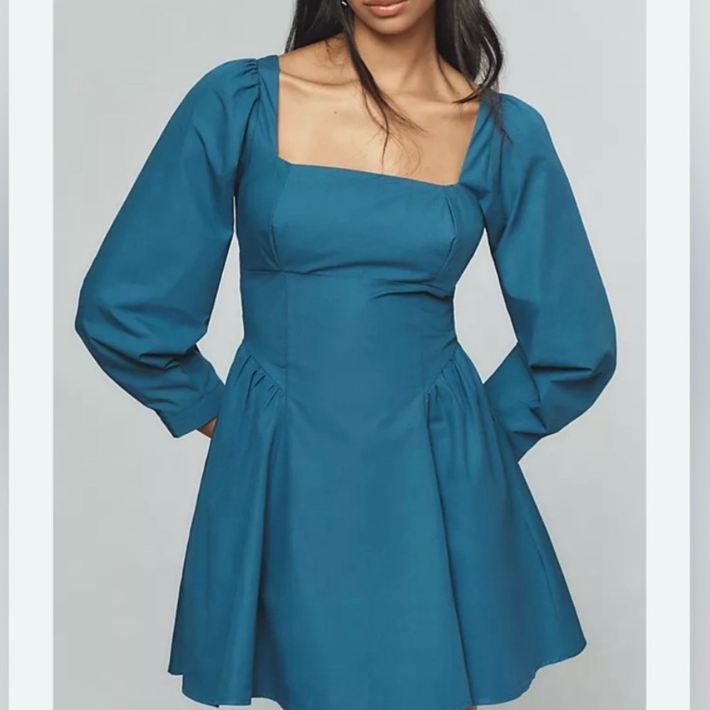 Anthropologie Poplin Mini Dress Long Sleeve Square Neck Teal - Size L